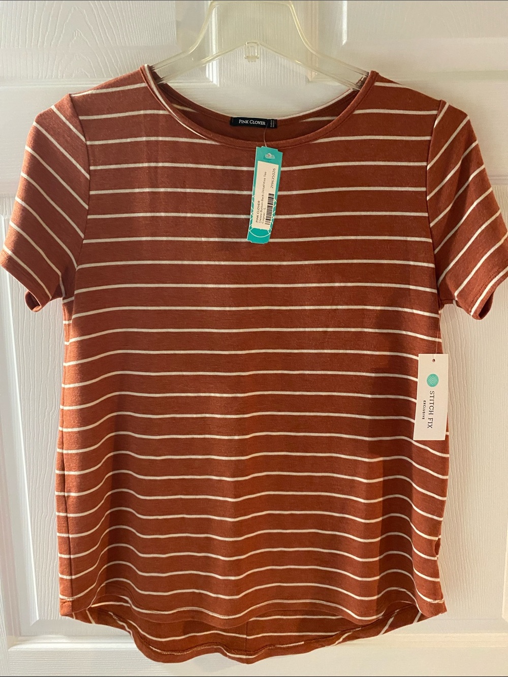 Pink Clover Rust & Cream Striped Short Sleeve Tee - Crewneck